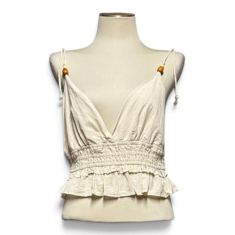 Sim & Sam Cotton Linen Cropped Smocked Top V-Neck Natural Oatmeal Tan Beige XL